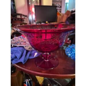 Vintage Blown Ruby Red Italian Murano Art Glass Pedest A l Compote Etched...